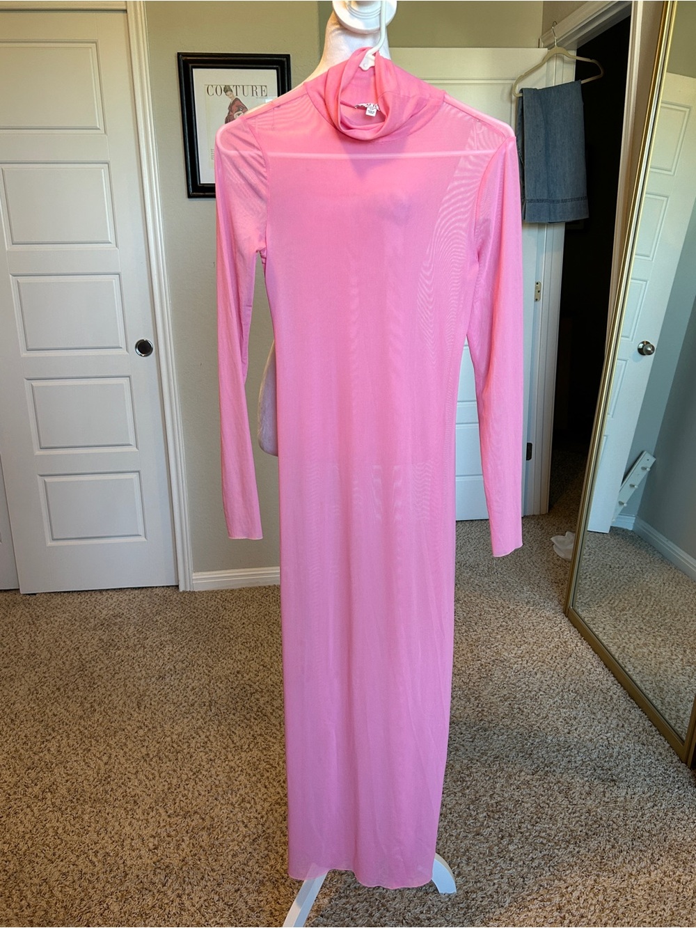 AFRM Marni Turtleneck Mesh Pink Maxi Dress Sheer Bodycon Size Small